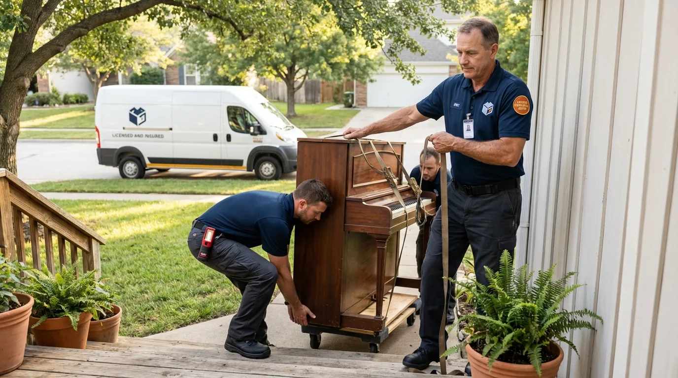 Licensed piano movers securing grand piano in Sutton, WV