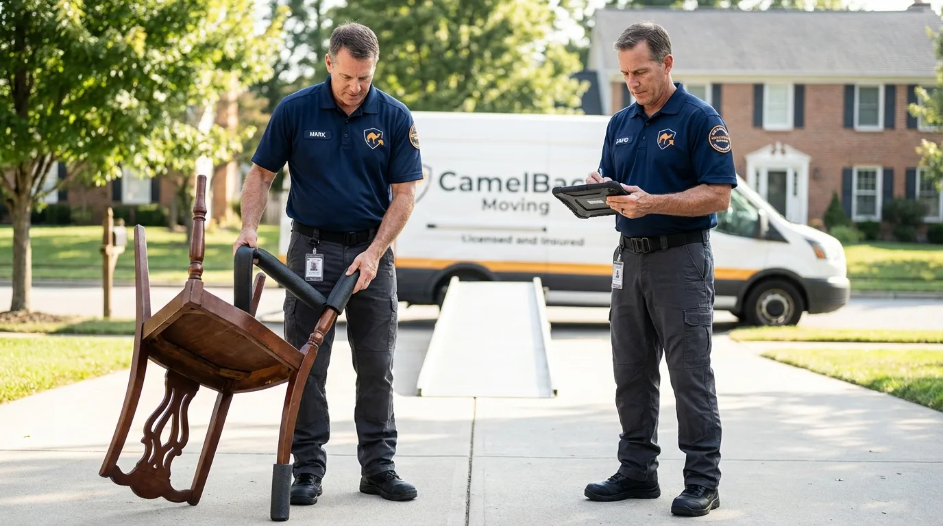 Movers inspecting furniture for damage prevention before loading in Sutton, WV