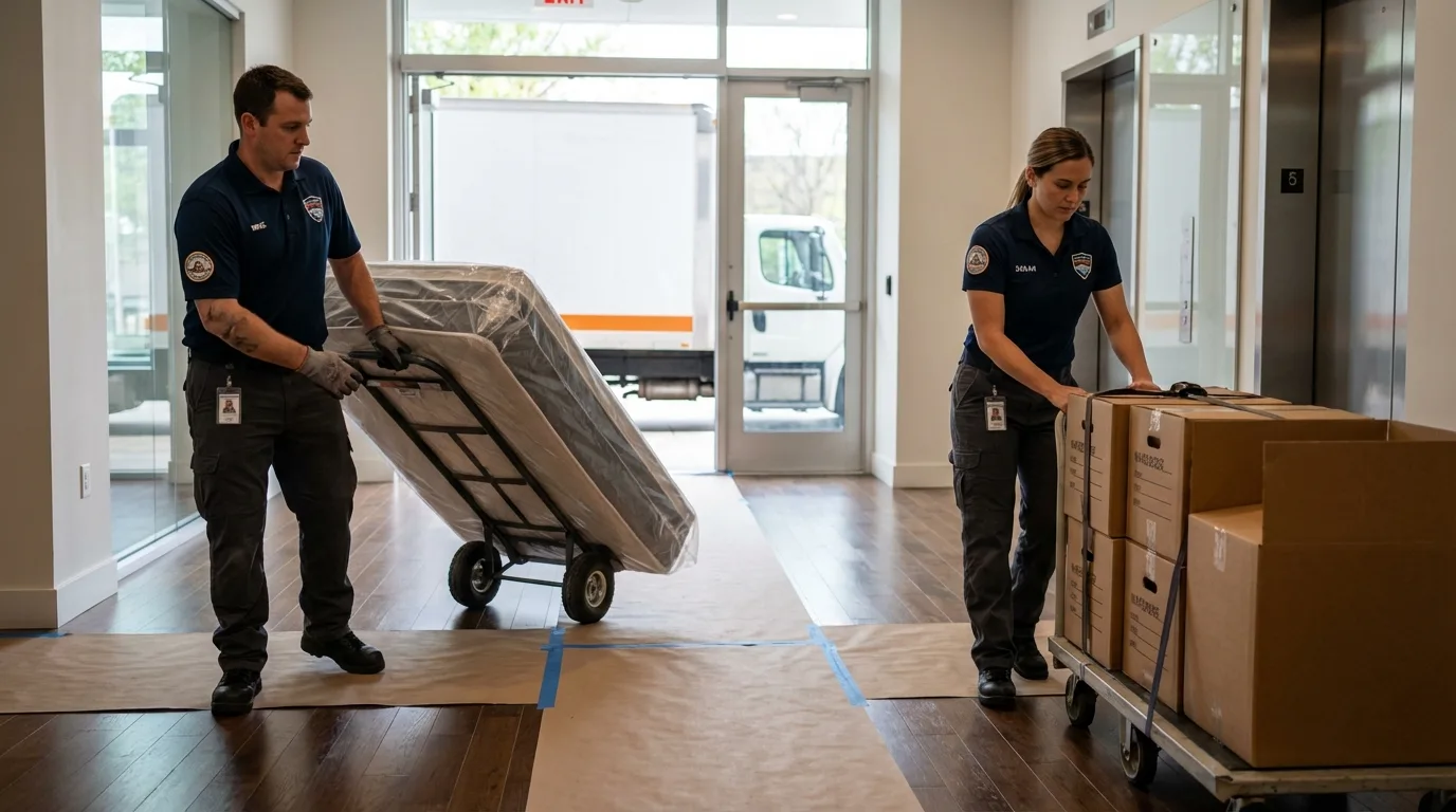 Professional apartment movers loading elevator in Sutton, WV